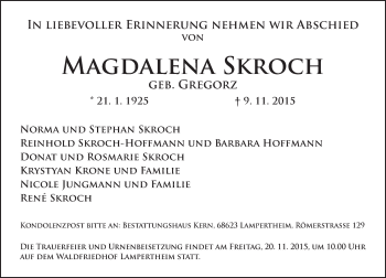 Traueranzeige von Magdalena Skroch von  Bürstädter Zeitung
