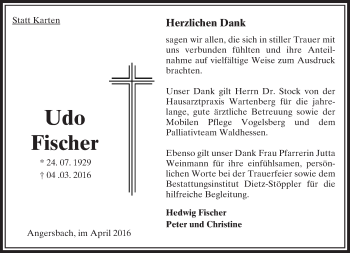 Traueranzeige von Udo Fischer von  OK Oberhessen Kurier