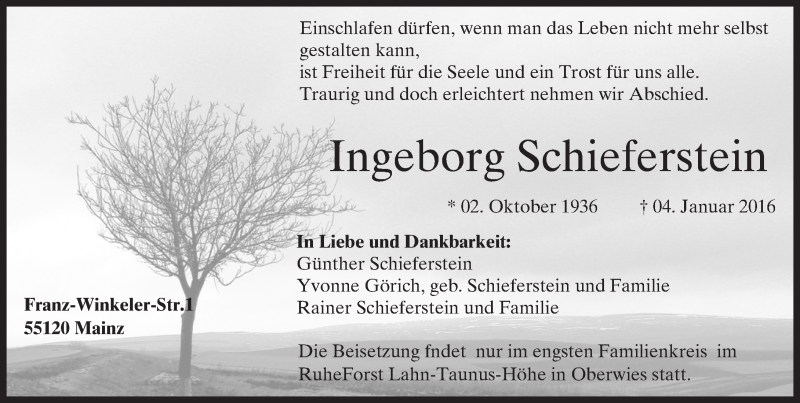  Traueranzeige für Ingeborg Schieferstein vom 09.01.2016 aus  Allgemeine Zeitung Mainz