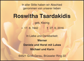 Traueranzeige von Roswitha Tsardakidis von Trauerportal Echo Online