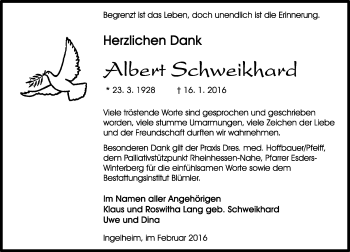 Traueranzeige von Albert Schweikhard von  Allgemeine  Zeitung Ingelheim-Bingen
