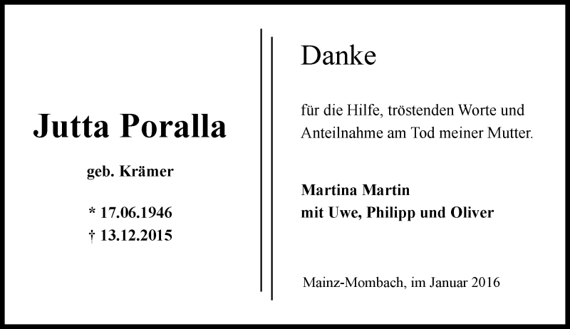  Traueranzeige für Jutta Poralla vom 09.01.2016 aus  Allgemeine Zeitung Mainz