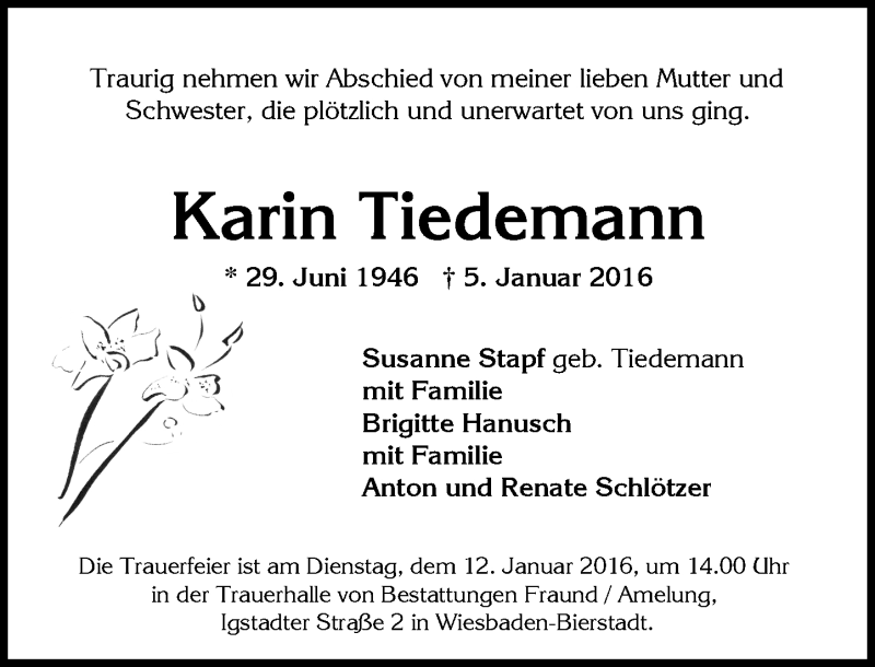  Traueranzeige für Karin Tiedemann vom 09.01.2016 aus  Wiesbaden komplett
