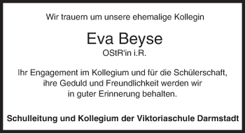 Traueranzeige von Eva Beyse von Trauerportal Echo Online