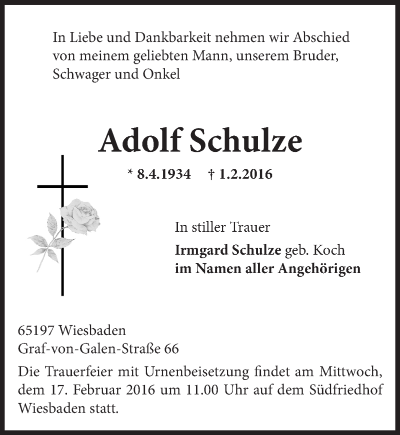  Traueranzeige für Adolf Schulze vom 13.02.2016 aus  Wiesbaden komplett