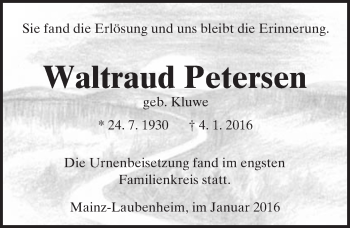 Traueranzeige von Waltraud Petersen von  Allgemeine Zeitung Mainz