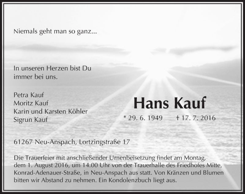  Traueranzeige für Hans Kauf vom 23.07.2016 aus  Usinger Anzeiger