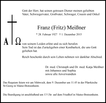 Traueranzeige von Franz Meißner von  Allgemeine Zeitung Mainz