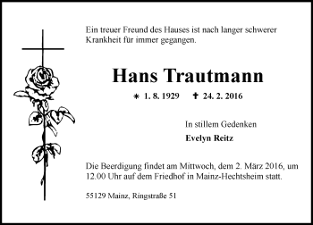 Traueranzeige von Hans Trautmann von  Allgemeine Zeitung Mainz