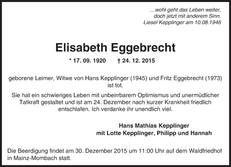  Traueranzeige für Elisabeth Eggebrecht vom 29.12.2015 aus  Allgemeine Zeitung Mainz