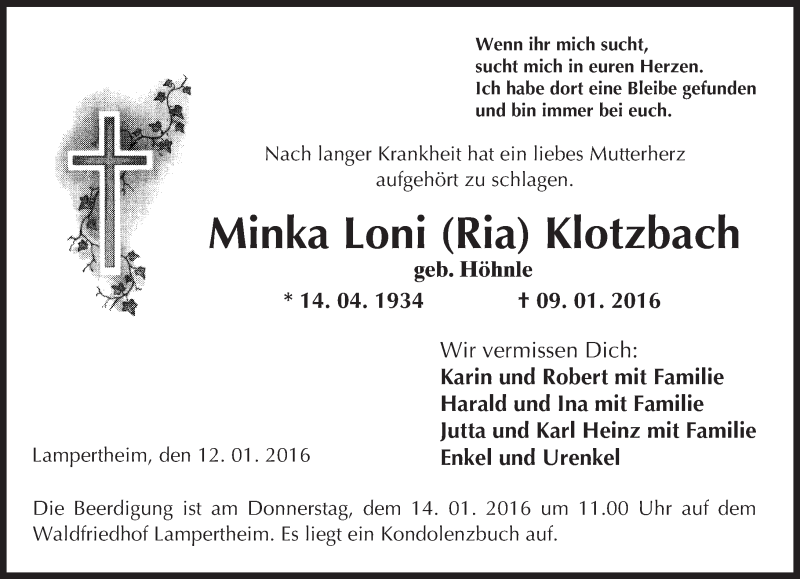  Traueranzeige für Minka Loni Klotzbach vom 12.01.2016 aus  Bürstädter Zeitung