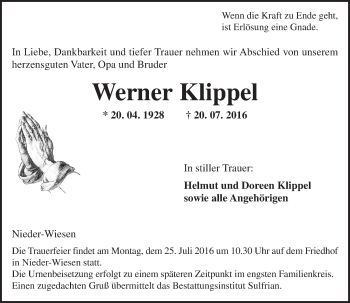 Traueranzeige von Werner Klippel von Trauerportal Rhein Main Presse