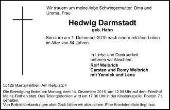 Traueranzeige von Hedwig Darmstadt von  Allgemeine Zeitung Mainz