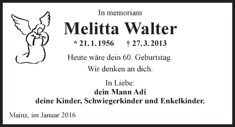  Traueranzeige für Melitta Walter vom 21.01.2016 aus  Allgemeine Zeitung Mainz