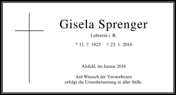 Traueranzeige von Gisela Sprenger von VRM Trauer