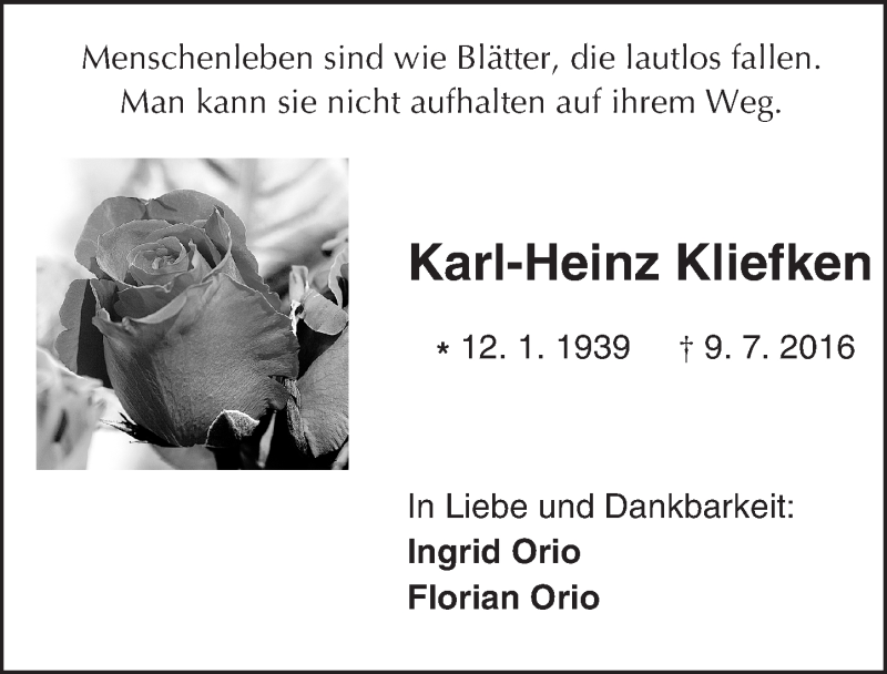  Traueranzeige für Karl-Heinz Kliefken vom 16.07.2016 aus Trauerportal Echo Online