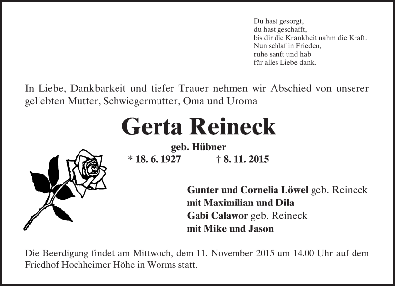  Traueranzeige für Gerta Reineck vom 10.11.2015 aus  Wormser Zeitung