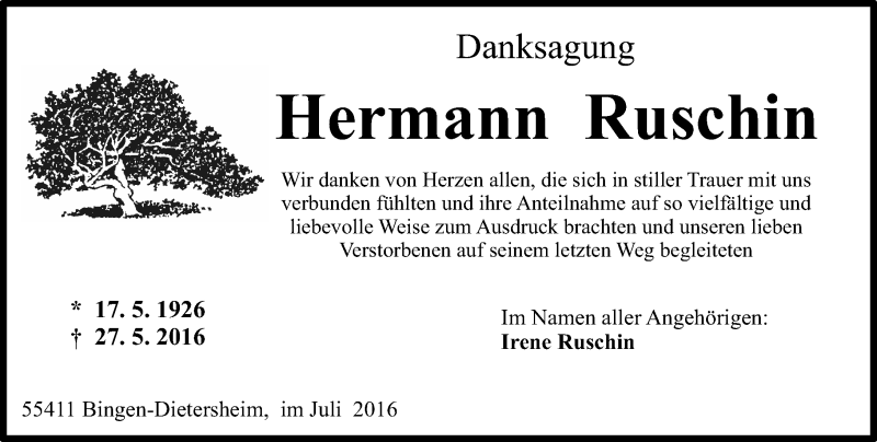  Traueranzeige für Hermann Ruschin vom 02.07.2016 aus Trauerportal Rhein Main Presse