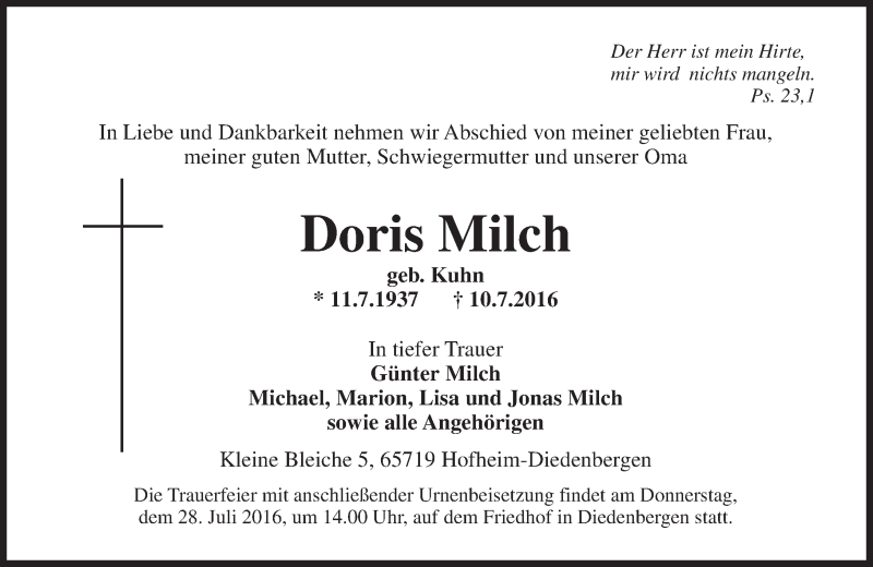  Traueranzeige für Doris Milch vom 16.07.2016 aus Trauerportal Rhein Main Presse