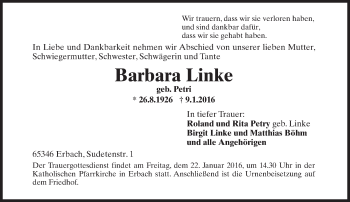 Traueranzeige von Barbara Linke von  Wiesbaden komplett