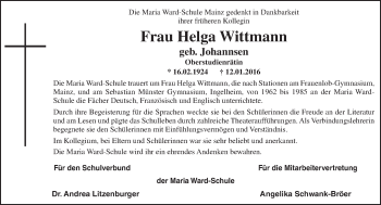 Traueranzeige von Helga Wittmann von trauer.rmp.de