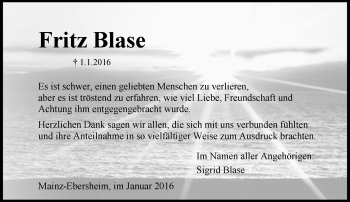 Traueranzeige von Fritz Blase von  Allgemeine Zeitung Mainz