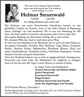 Traueranzeige von Helmut Steuerwald von  Allgemeine Zeitung Alzey