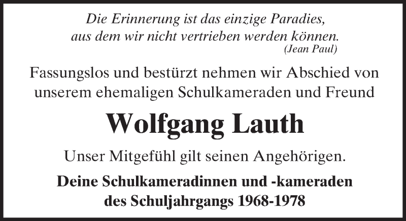  Traueranzeige für Wolfgang Lauth vom 12.01.2016 aus  Usinger Anzeiger
