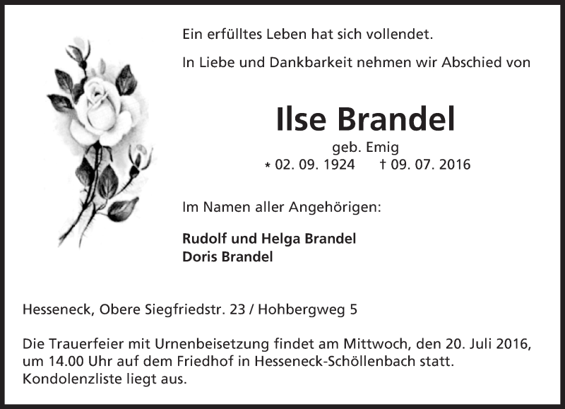  Traueranzeige für Ilse Brandel vom 15.07.2016 aus Trauerportal Echo Online