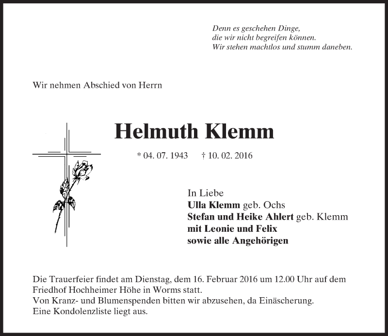  Traueranzeige für Helmuth Klemm vom 13.02.2016 aus  Wormser Zeitung