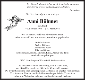 Traueranzeige von Anni Böhmer von  Usinger Anzeiger