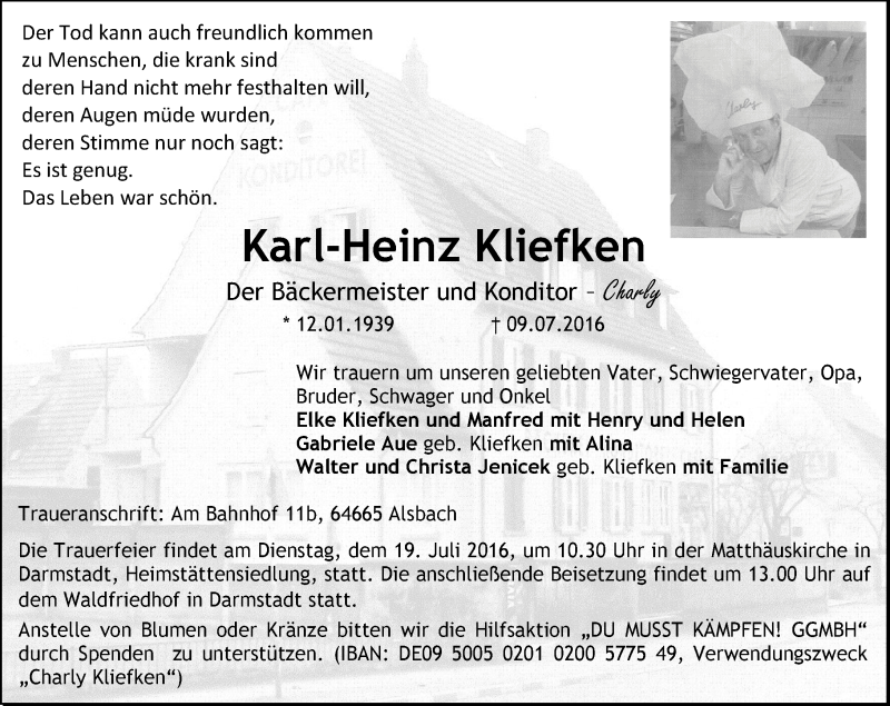  Traueranzeige für Karl-Heinz Kliefken vom 16.07.2016 aus Trauerportal Echo Online