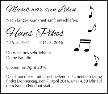 Traueranzeige von Hans Pikos von  Gießener Anzeiger
