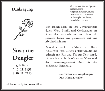 Traueranzeige von Susanne Dengler von  Allg. Zeitung Bad Kreuznach