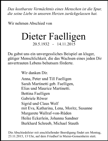 Traueranzeige von Dieter Faelligen von  Allgemeine Zeitung Mainz