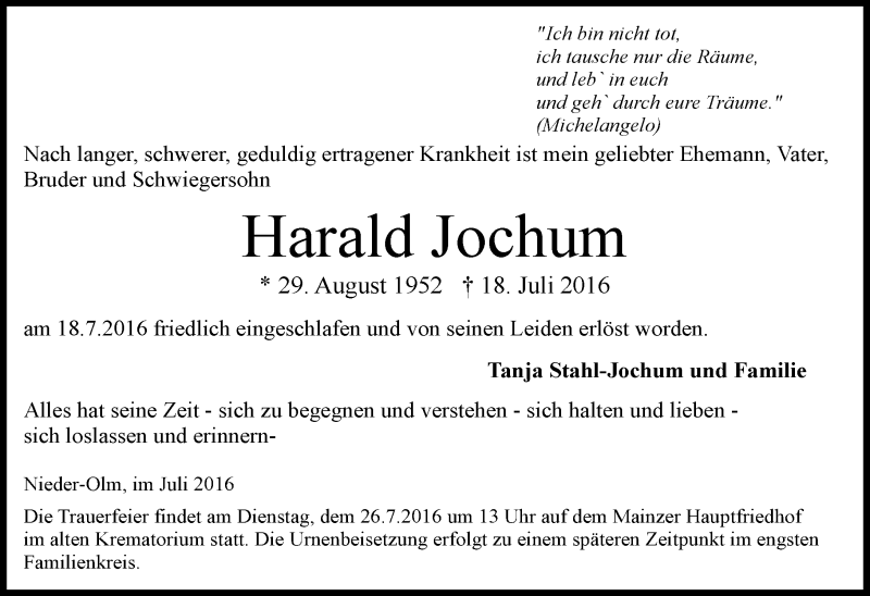  Traueranzeige für Harald Jochum vom 23.07.2016 aus Trauerportal Rhein Main Presse