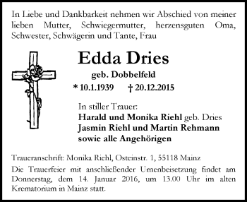 Traueranzeige von Edda Dries von  Allgemeine Zeitung Mainz