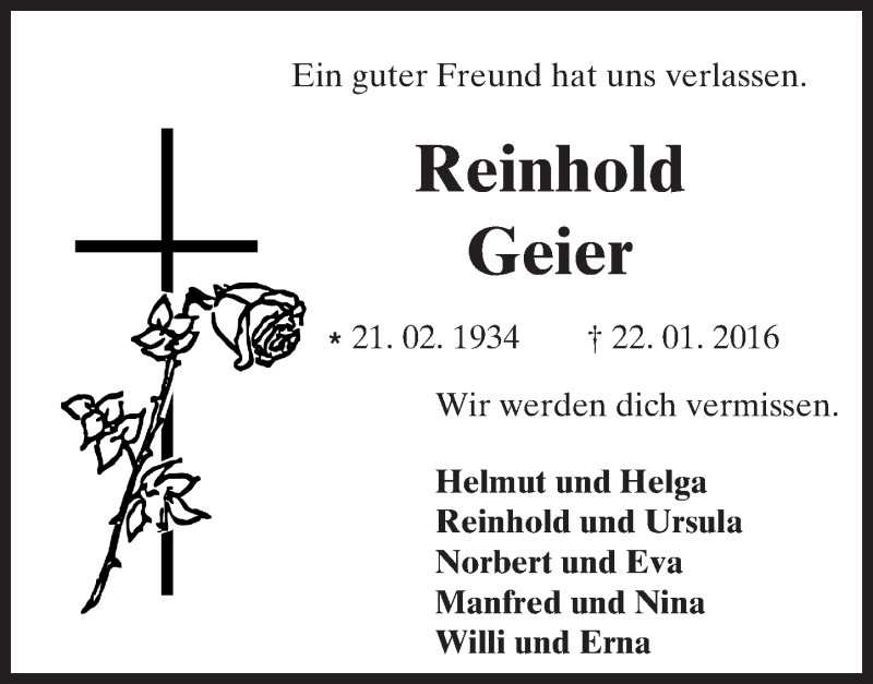  Traueranzeige für Reinhold Geier vom 30.01.2016 aus trauer.rmp.de