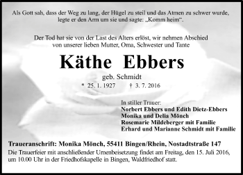 Traueranzeige von Käthe Ebbers von Trauerportal Rhein Main Presse