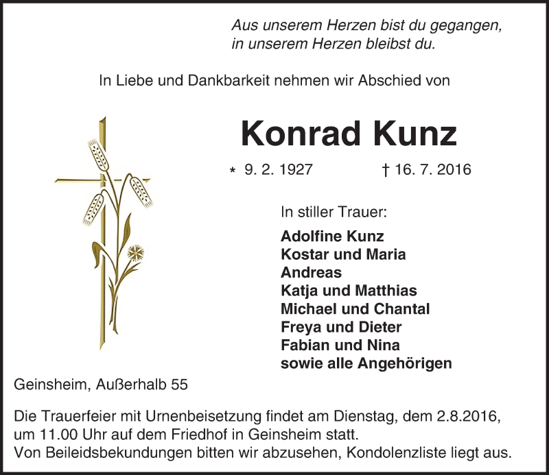  Traueranzeige für Konrad Kunz vom 29.07.2016 aus Trauerportal Echo Online