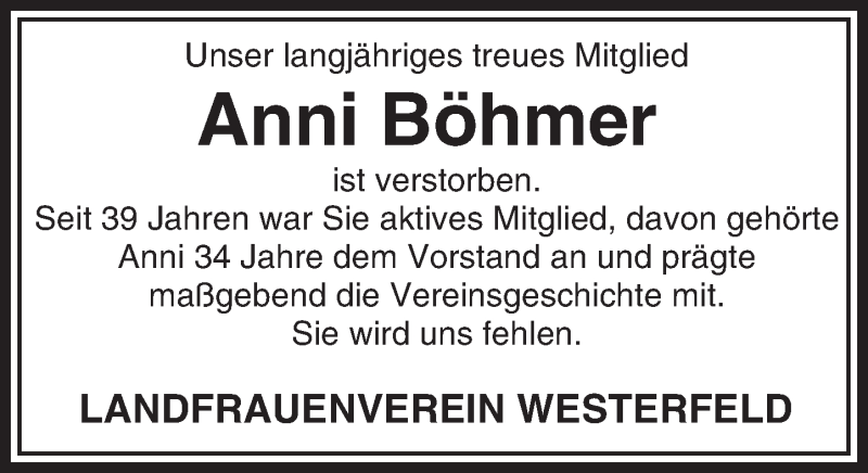  Traueranzeige für Anni Böhmer vom 06.04.2016 aus  Usinger Anzeiger