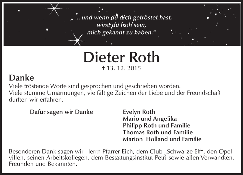  Traueranzeige für Dieter Roth vom 09.01.2016 aus  Mainspitze