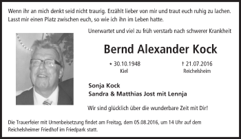 Traueranzeige von Bernd Alexander Kock von Trauerportal Echo Online