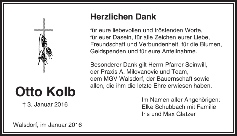  Traueranzeige für Otto Kolb vom 04.02.2016 aus  Camberger Anzeiger