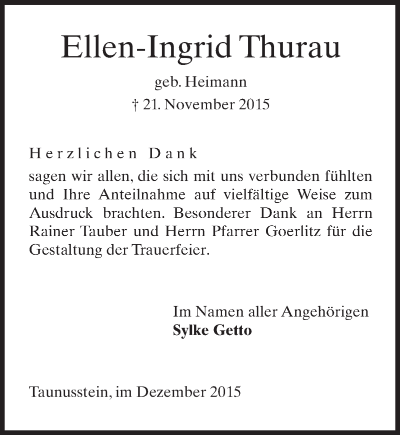  Traueranzeige für Ellen-Ingrid Thurau vom 12.12.2015 aus  Wiesbaden komplett