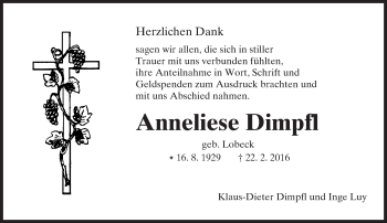 Traueranzeige von Anneliese Dimpfl von  Landskrone