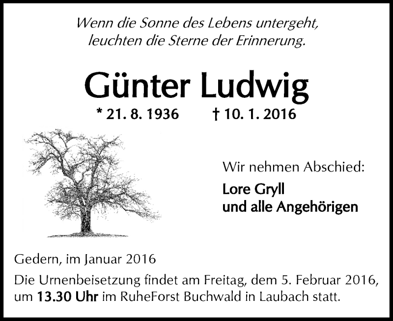  Traueranzeige für Günter Ludwig vom 30.01.2016 aus  Kreisanzeiger