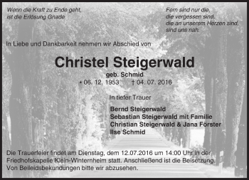Traueranzeige von Christel Steigerwald von Trauerportal Rhein Main Presse