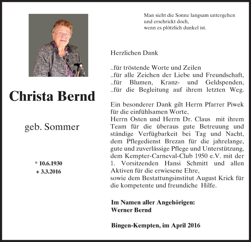 Traueranzeige für Christa Bernd vom 04.04.2016 aus  Allgemeine  Zeitung Ingelheim-Bingen
