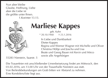 Traueranzeige von Marlies Kappes von  Landskrone
